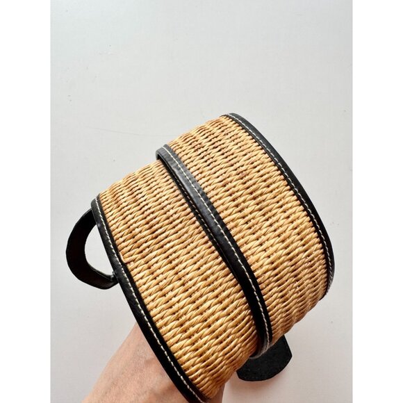 STEFANEL Black Leather Tan Raffia Wide Belt, Size 3 - Picture 6 of 11